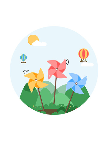 卡通可爱母婴儿童风车热气球户外风景插画