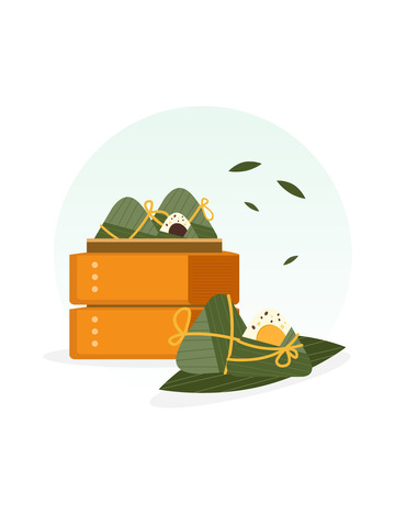 手绘端午粽子蛋黄豆沙美食落叶蒸笼插画