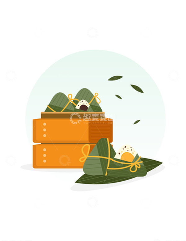 源文件下载【趣麦麦图】-手绘端午粽子蛋黄豆沙美食落叶蒸笼插画