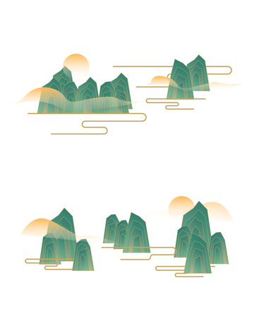 中国风国潮传统山脉风景祥云复古插画