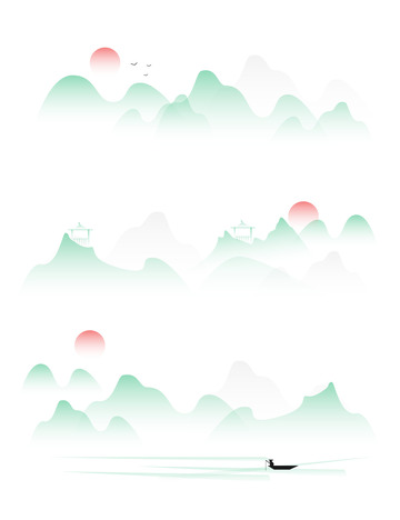 中国风传统水墨山水垂钓亭子风景插画背景