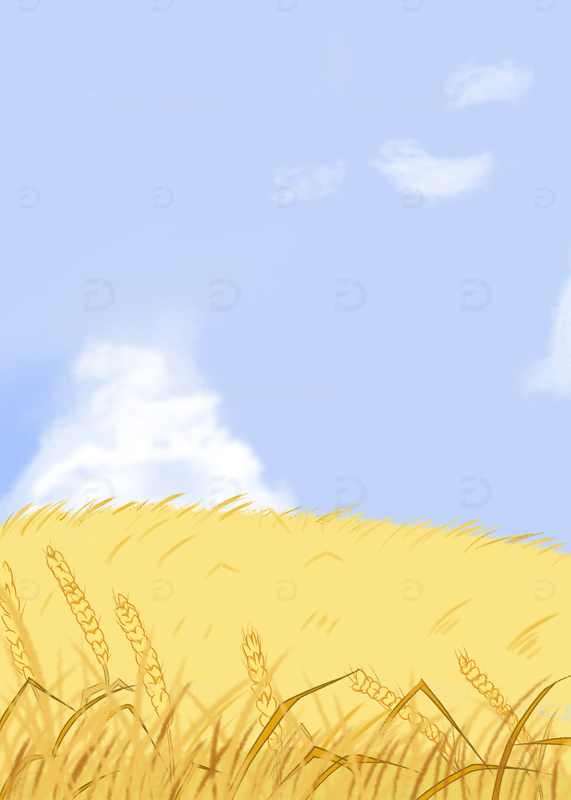 金色清新麦田芒种麦穗手绘插画