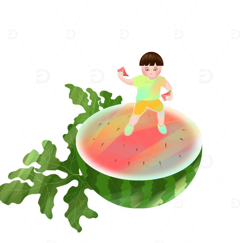 绿色手绘夏至西瓜孩子插画元素