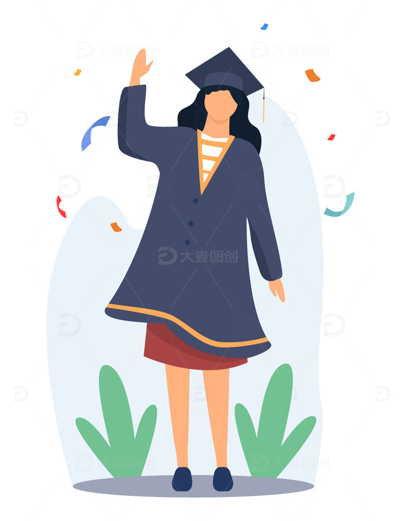 手绘毕业季青春校园女孩人物学士服狂欢插画
