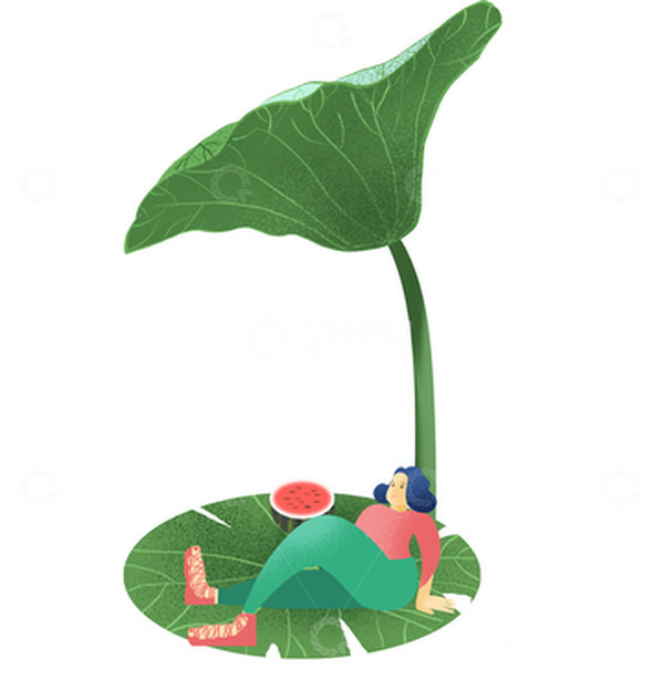源文件下载【趣麦麦图】-绿色手绘夏至荷叶乘凉人物插画元素