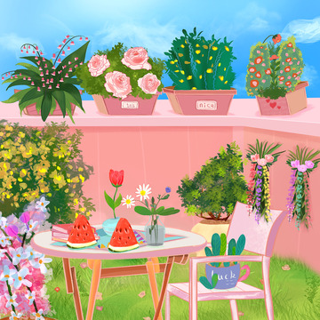 花园夏天 夏至 手绘 西瓜 草地盆栽