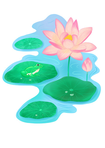 手绘夏日荷花绿叶青蛙