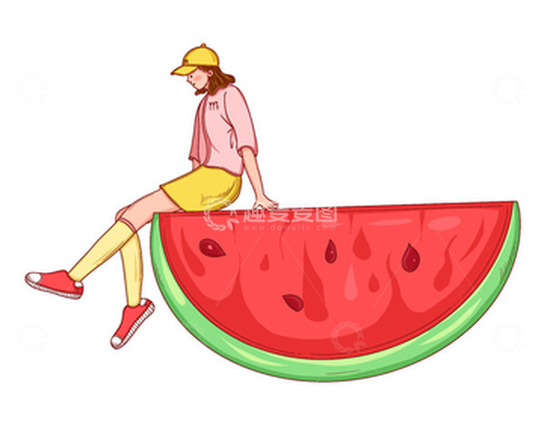 源文件下载【趣麦麦图】-夏日扁平可爱坐在西瓜上的女孩夏至手绘插画