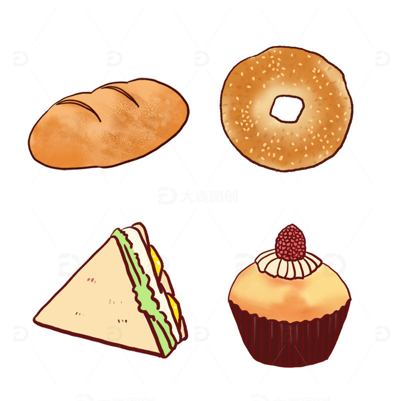 源文件下载【趣麦麦图】早餐烤面包小蛋糕咖啡色手绘图