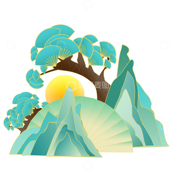 源文件下载【趣麦麦图】-蓝色国潮风中国风夏至山树手绘图