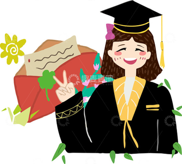 源文件下载【趣麦麦图】黑色可爱毕业女孩毕业季插画