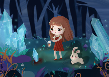 晚间森林打灯寻宝石插画