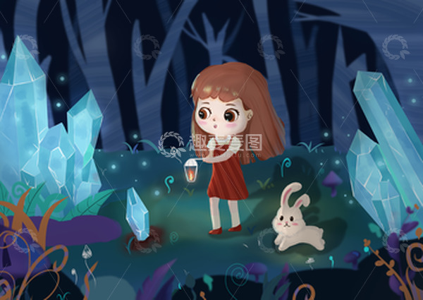 源文件下载【趣麦麦图】晚间森林打灯寻宝石插画