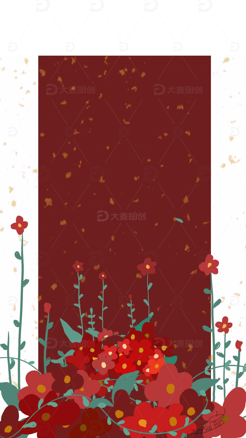 源文件下载【趣麦麦图】红色花鎏金手绘插画背景