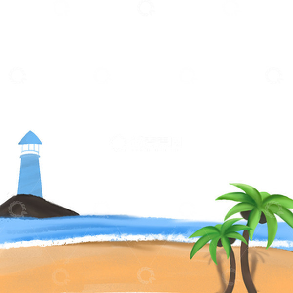 源文件下载【趣麦麦图】蓝色小清新夏日沙滩海浪灯塔椰树夏至手绘