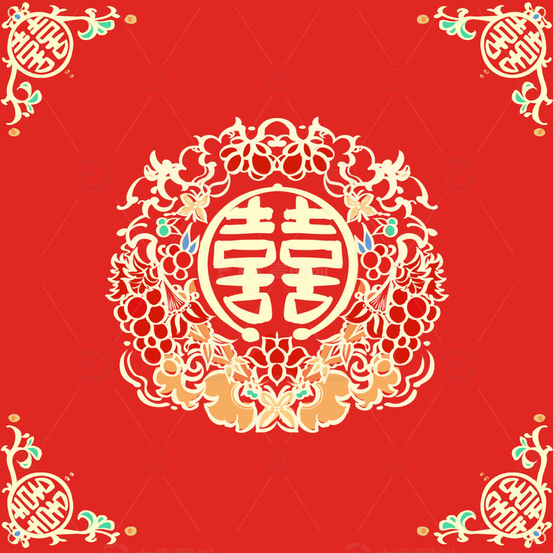 源文件下载【趣麦麦图】-红色双喜喜庆中式婚礼瓜瓞绵绵喜帕手绘图