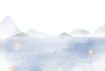 蓝色水墨水彩山水湖面河灯手绘图