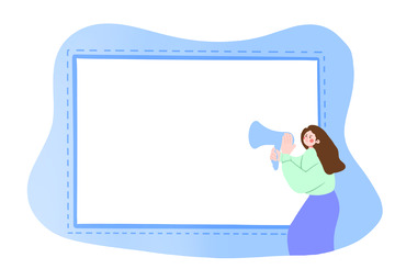 蓝色渐变手拿喇叭人物插画便利贴气泡边框