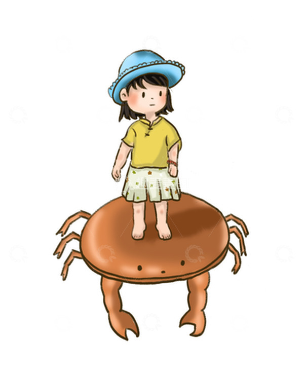 源文件下载【趣麦麦图】戴帽子的小女孩夏日夏至螃蟹原创手绘