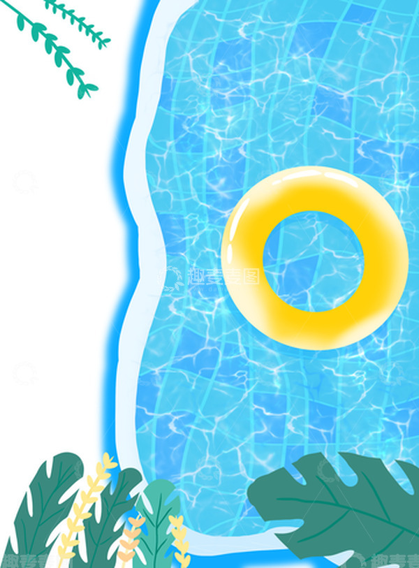 蓝色夏至凉爽手绘游泳池游泳圈树叶