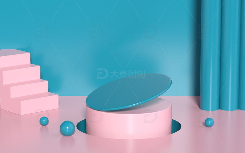 蓝红色电商促销活动海报C4D场景背景节日