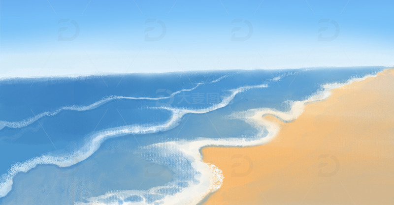 蓝色黄色小清新夏至沙滩海浪手绘插画