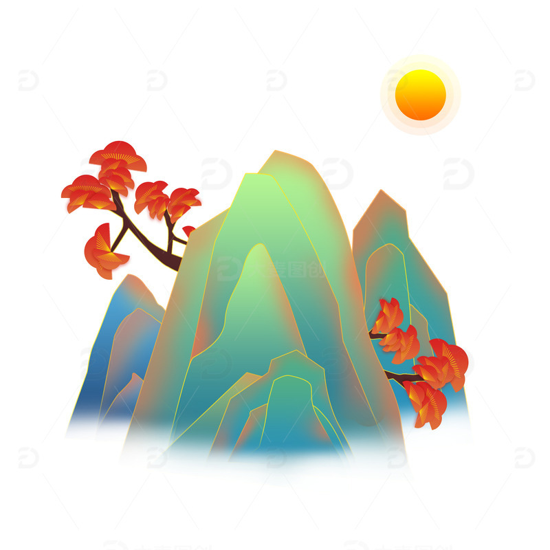 源文件下载【趣麦麦图】蓝色中国风国潮风国潮山水装饰手绘元素图