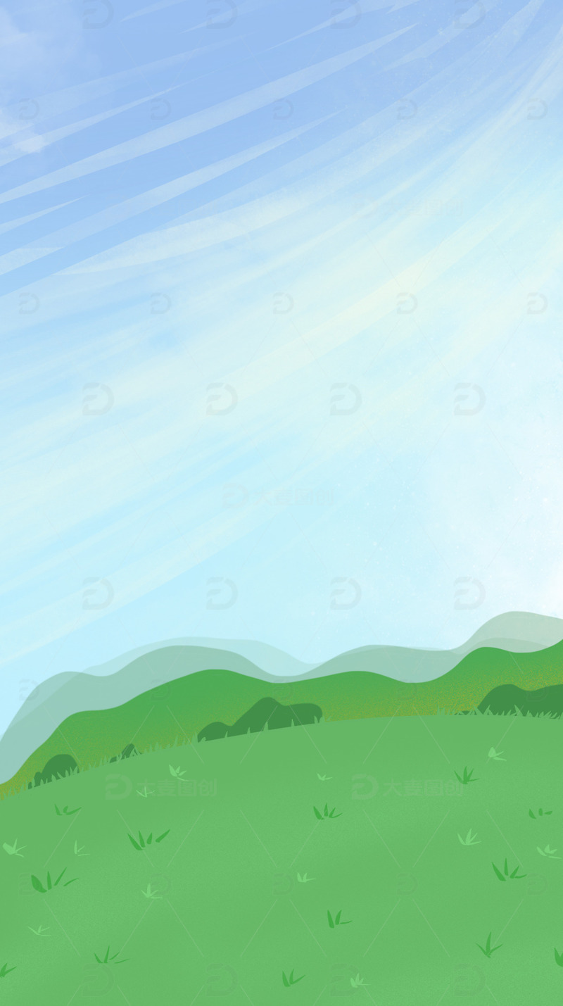 绿色小清新春天风轻云淡草地卡通手绘图