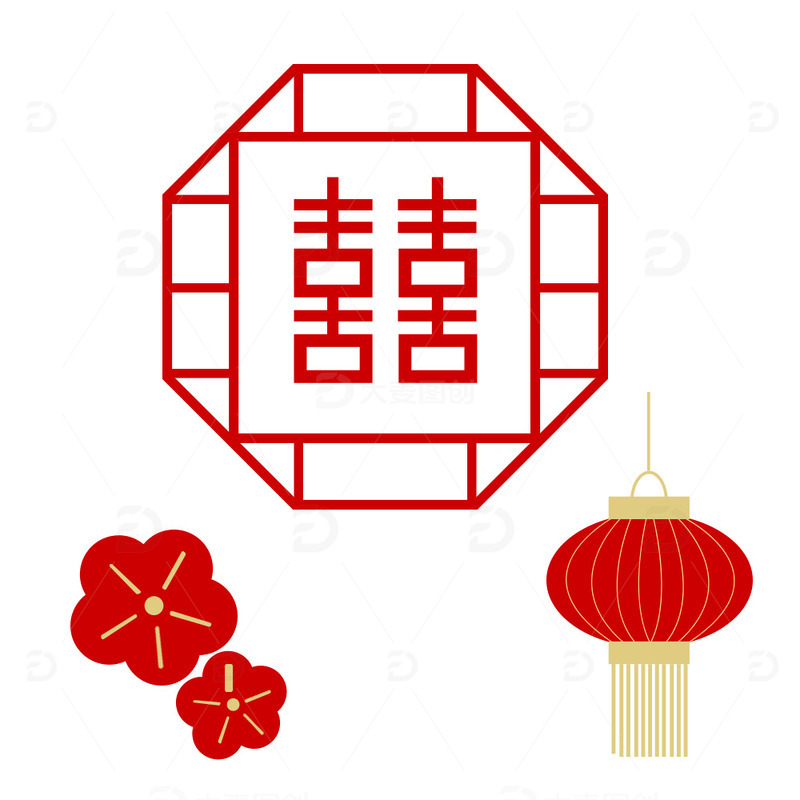 源文件下载【趣麦麦图】-红色复古国潮小元素喜字花朵传统灯笼