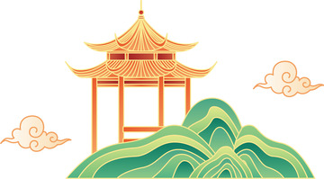 国潮亭子祥云山峰中国风元素