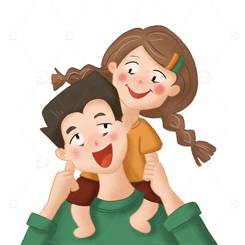 橙绿扁平噪点风孩子坐在爸爸肩上父亲节元素