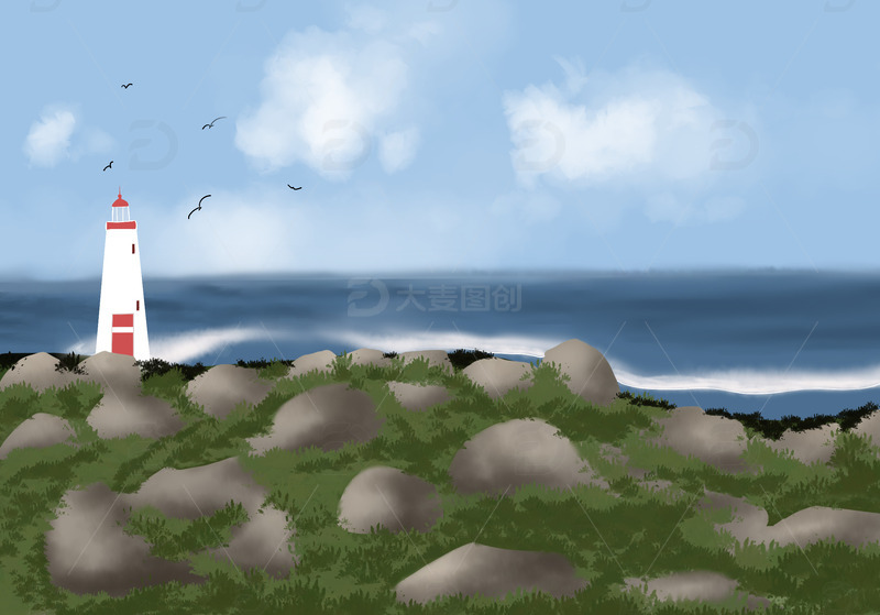 蓝色小清新大海灯塔手绘图