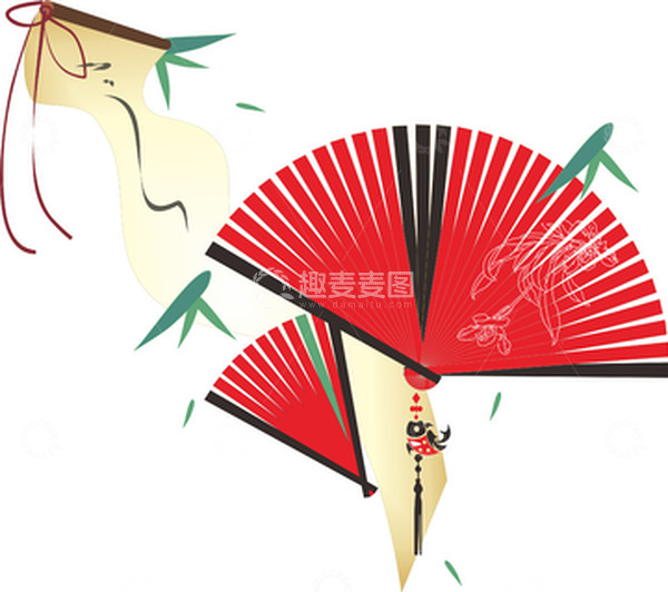 源文件下载【趣麦麦图】红色+复古+国潮扇子+国潮+手绘插画