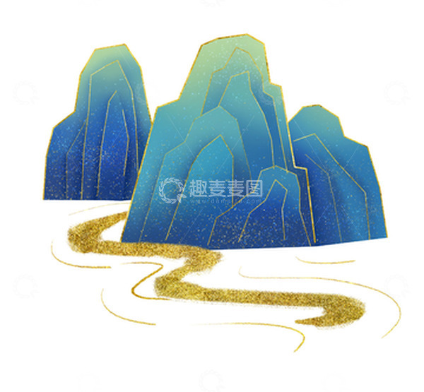 源文件下载【趣麦麦图】蓝绿国潮山水金箔洒金手绘山水