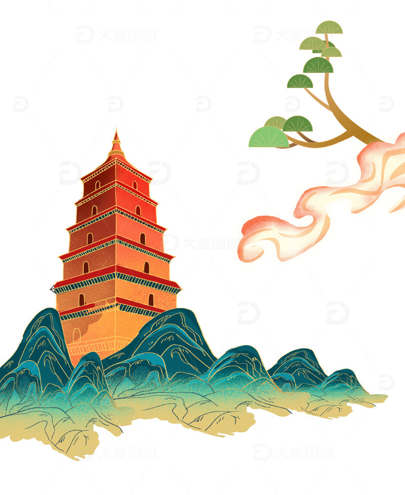 源文件下载【趣麦麦图】蓝色中国风国潮风塔山水装饰手绘元素图