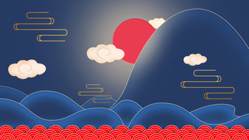 蓝色国潮电商背景祥云海浪太阳