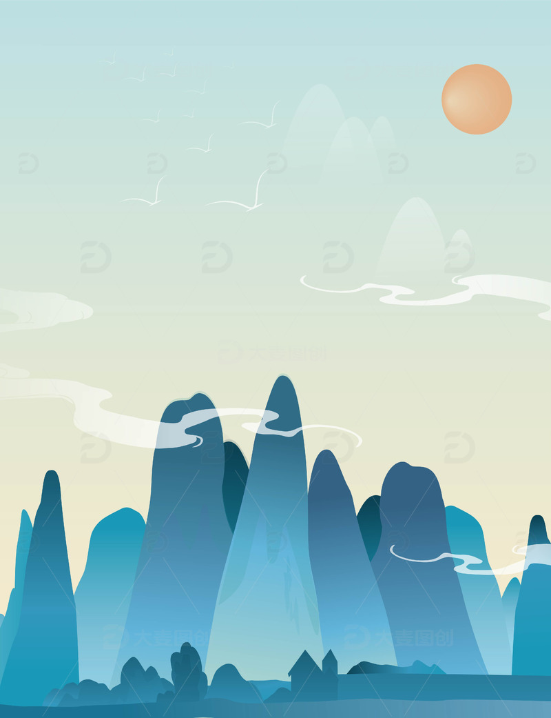 源文件下载【趣麦麦图】绿色背景山水国潮背景手绘图