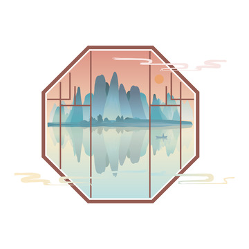 绿色手绘古风窗户风景云纹国潮手绘图