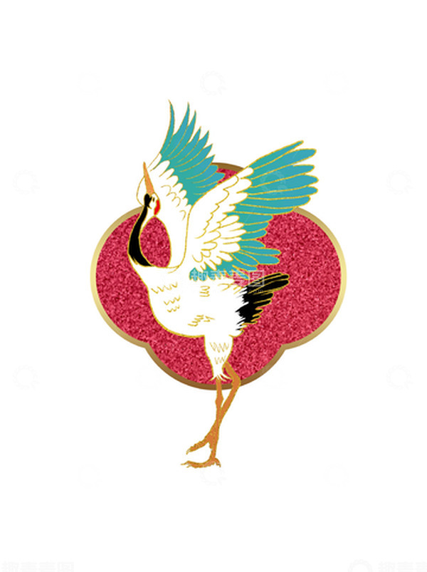源文件下载【趣麦麦图】红色青色插画风国潮丹顶鹤元素国潮手绘图
