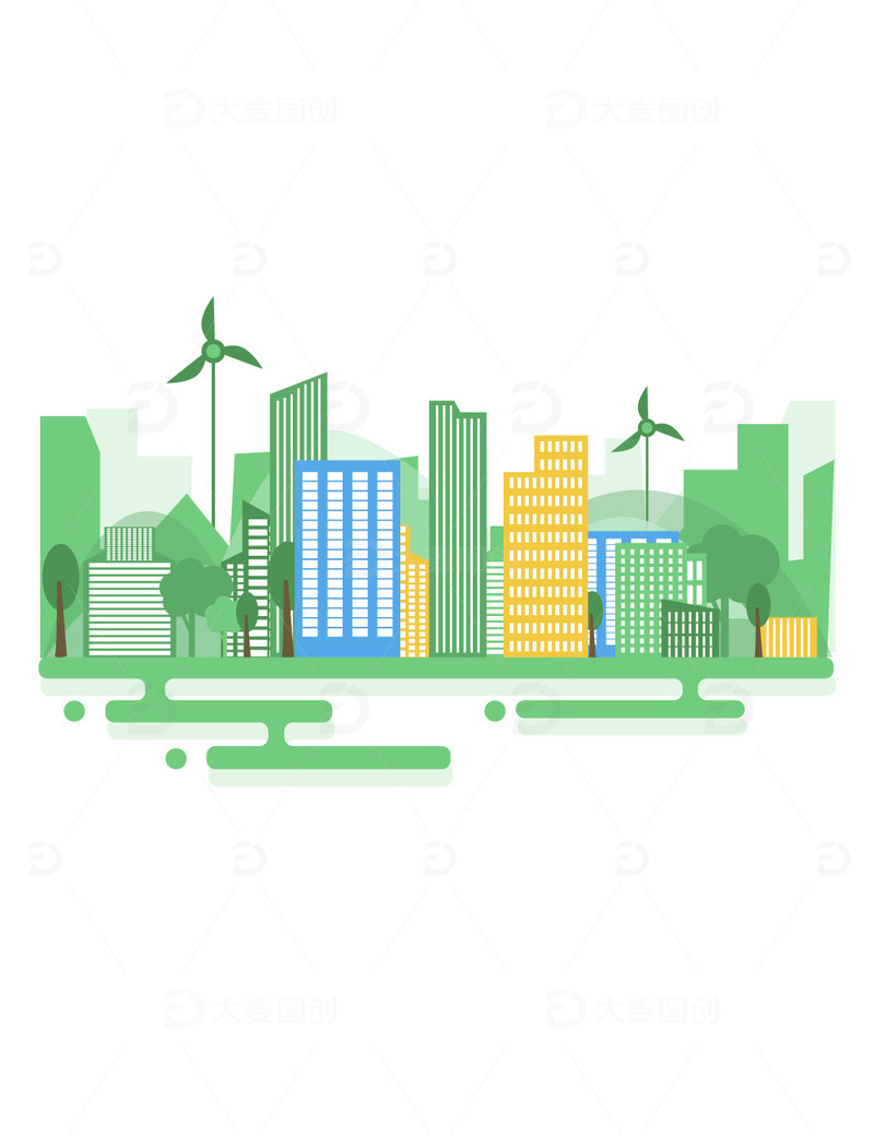 源文件下载【趣麦麦图】-环保城市剪影建筑高楼大厦树林风景插画