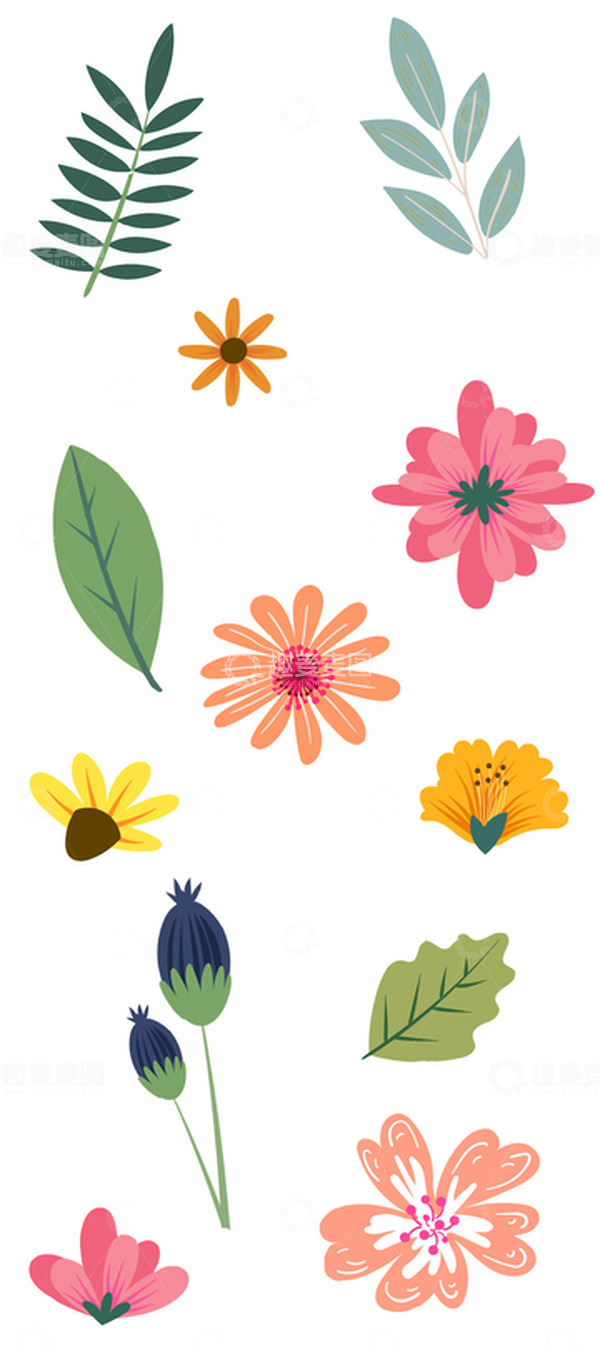 源文件下载【趣麦麦图】-彩色小清新花朵植物扁平元素图
