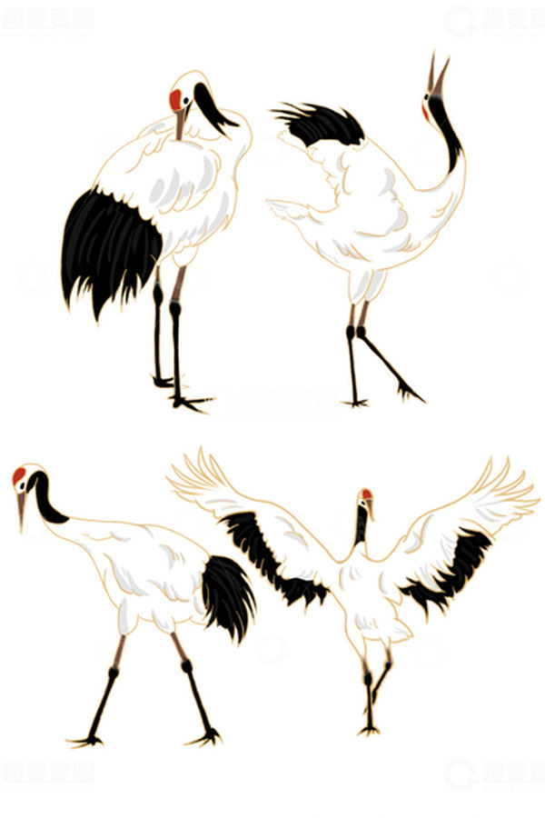 源文件下载【趣麦麦图】国潮仙鹤复古丹顶鹤金边手绘