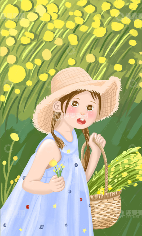 源文件下载【趣麦麦图】绿色小清新可爱采花的小姑娘夏至手绘