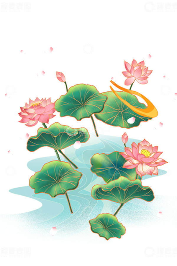源文件下载【趣麦麦图】绿色国潮风手绘荷花