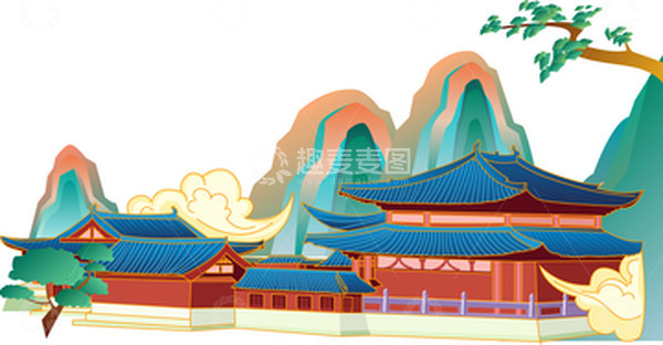 源文件下载【趣麦麦图】复古中国风国潮古建筑插画手绘高楼古塔