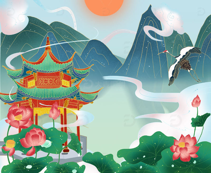 源文件下载【趣麦麦图】-青色国潮风荷国潮手绘