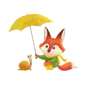 卡通手绘温馨治愈系撑伞的狐狸和蜗牛元素