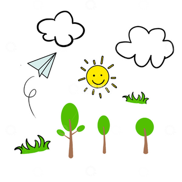源文件下载【趣麦麦图】一组卡通手绘云朵飞机草树太阳儿童插画元素