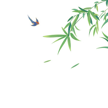 国潮古风柳叶小鸟插画元素