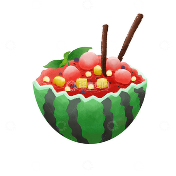 源文件下载【趣麦麦图】绿色红色西瓜甜品小清新小暑手绘插画